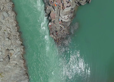 Aerial View of Devprayag Sangam of Alaknanda and Bhagirathi Rivers Uttarakhand India