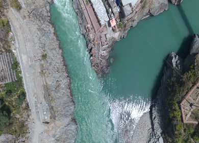 Aerial View of Devprayag Sangam of Alaknanda and Bhagirathi Rivers Uttarakhand India