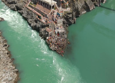 Aerial View of Devprayag Sangam of Alaknanda and Bhagirathi Rivers Uttarakhand India