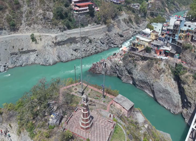 Aerial View of Devprayag Sangam of Alaknanda and Bhagirathi Rivers Uttarakhand India