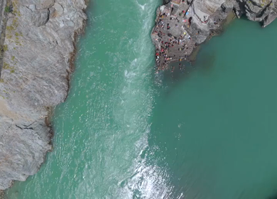 Aerial View of Devprayag Sangam of Alaknanda and Bhagirathi Rivers Uttarakhand India