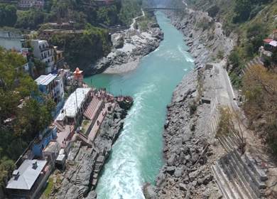 Aerial View of Devprayag Sangam of Alaknanda and Bhagirathi Rivers Uttarakhand India