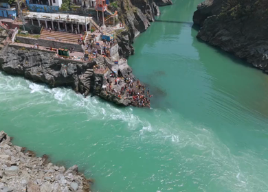 Aerial View of Devprayag Sangam of Alaknanda and Bhagirathi Rivers Uttarakhand India