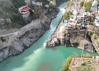 Aerial View of Devprayag Sangam of Alaknanda and Bhagirathi Rivers Uttarakhand India