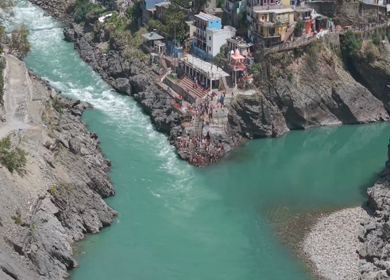 Aerial View of Devprayag Sangam of Alaknanda and Bhagirathi Rivers Uttarakhand India