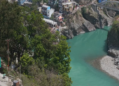 Aerial View of Devprayag Sangam of Alaknanda and Bhagirathi Rivers Uttarakhand India