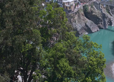 Aerial View of Devprayag Sangam of Alaknanda and Bhagirathi Rivers Uttarakhand India
