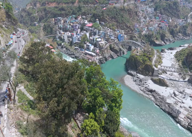 Aerial View of Devprayag Sangam of Alaknanda and Bhagirathi Rivers Uttarakhand India