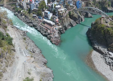Aerial View of Devprayag Sangam of Alaknanda and Bhagirathi Rivers Uttarakhand India