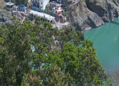 Aerial View of Devprayag Sangam of Alaknanda and Bhagirathi Rivers Uttarakhand India