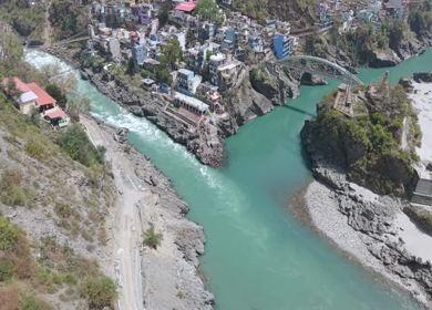 Aerial View of Devprayag Sangam of Alaknanda and Bhagirathi Rivers Uttarakhand India