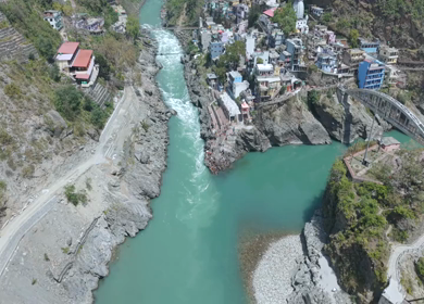 Aerial View of Devprayag Sangam of Alaknanda and Bhagirathi Rivers Uttarakhand India