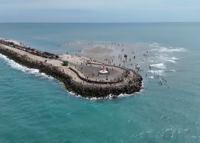 Aerial View of Dhanushkodi Beach at Tamil Nadu showcasing the last road of India against the oceanic backdrop