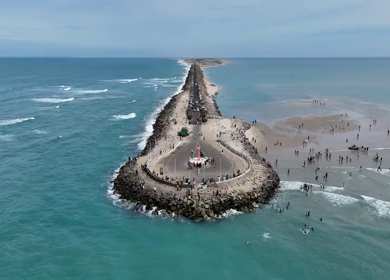 Aerial View of Dhanushkodi Beach at Tamil Nadu showcasing the last road of India against the oceanic backdrop