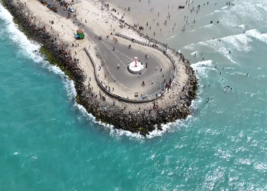 Aerial View of Dhanushkodi Beach at Tamil Nadu showcasing the last road of India against the oceanic backdrop