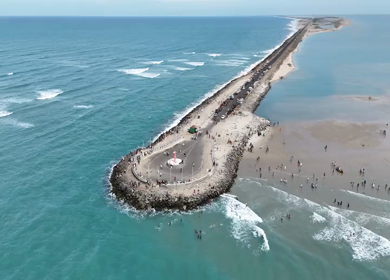 Aerial View of Dhanushkodi Beach at Tamil Nadu showcasing the last road of India against the oceanic backdrop