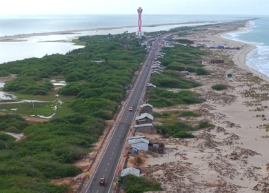 Aerial View of Dhanushkodi Coastal Road in Tamil Nadu India