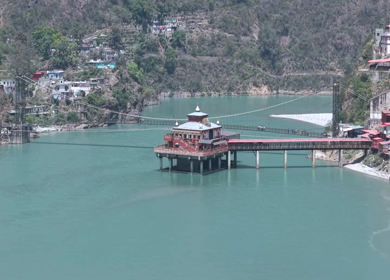 Aerial View of Dhari Devi Temple on Alaknanda River Uttarakhand India