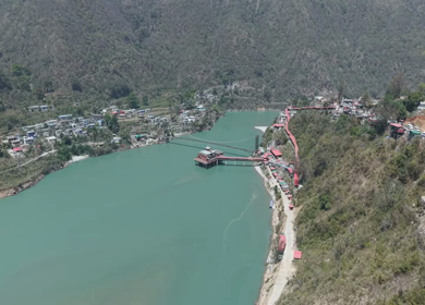 Aerial View of Dhari Devi Temple on Alaknanda River Uttarakhand India