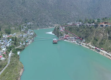 Aerial View of Dhari Devi Temple on Alaknanda River Uttarakhand India