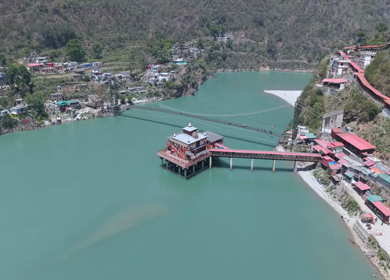 Aerial View of Dhari Devi Temple on Alaknanda River Uttarakhand India