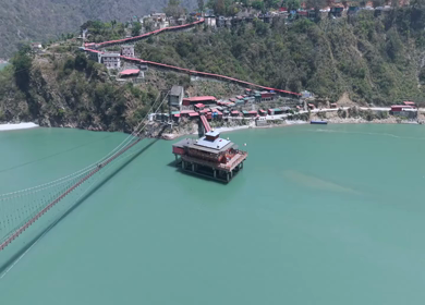Aerial View of Dhari Devi Temple on Alaknanda River Uttarakhand India