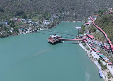 Aerial View of Dhari Devi Temple on Alaknanda River Uttarakhand India