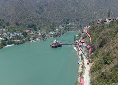 Aerial View of Dhari Devi Temple on Alaknanda River Uttarakhand India