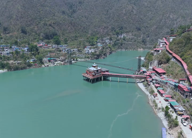 Aerial View of Dhari Devi Temple on Alaknanda River Uttarakhand India