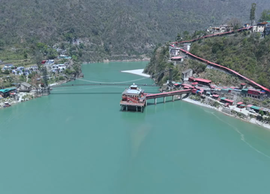 Aerial View of Dhari Devi Temple on Alaknanda River Uttarakhand India