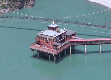 Aerial View of Dhari Devi Temple on Alaknanda River Uttarakhand India