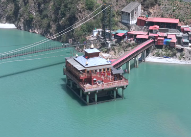 Aerial View of Dhari Devi Temple on Alaknanda River Uttarakhand India