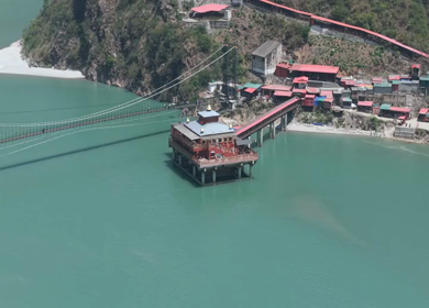 Aerial View of Dhari Devi Temple on Alaknanda River Uttarakhand India