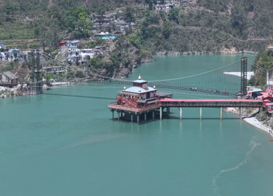 Aerial View of Dhari Devi Temple on Alaknanda River Uttarakhand India