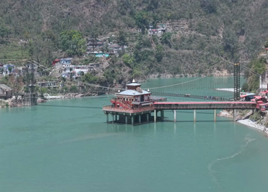 Aerial View of Dhari Devi Temple on Alaknanda River Uttarakhand India