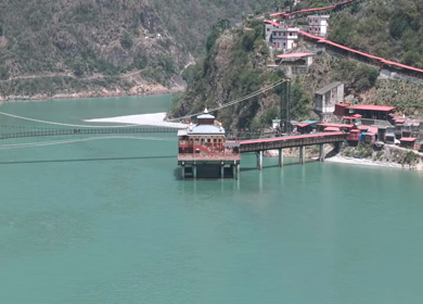 Aerial View of Dhari Devi Temple on Alaknanda River Uttarakhand India