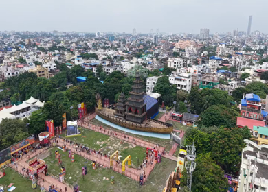 28th September 2025 : Aerial View of Durga Puja Pandal Festival in Kolkata