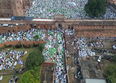 Aerial View of Eid Prayers at Taj-ul-Masajid, One of India's Largest Mosques, Bhopal