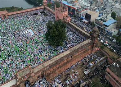 Aerial View of Eid Prayers at Taj-ul-Masajid, One of India's Largest Mosques, Bhopal