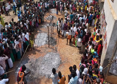 27th April 2026 : Aerial View of Firewalking Ceremony at Kundrakudi Murugan Temple Festival in Sivaganga India