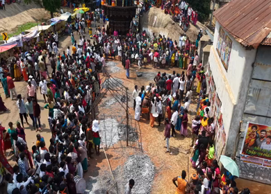 27th April 2026 : Aerial View of Firewalking Ceremony at Kundrakudi Murugan Temple Festival in Sivaganga India