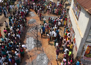 27th April 2026 : Aerial View of Firewalking Ceremony at Kundrakudi Murugan Temple Festival in Sivaganga India