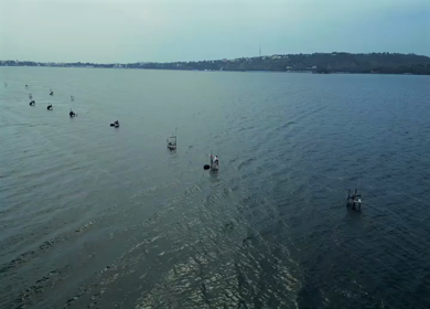 Aerial View of Fishermen Fishing in the Narmada River Near Jabalpur, India