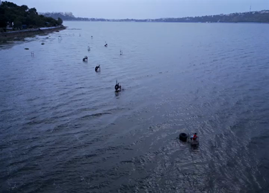 Aerial View of Fishermen Fishing in the Narmada River Near Jabalpur, India