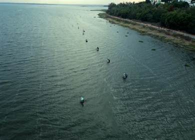 Aerial View of Fishermen Fishing in the Narmada River Near Jabalpur, India