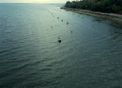 Aerial View of Fishermen Fishing in the Narmada River Near Jabalpur, India