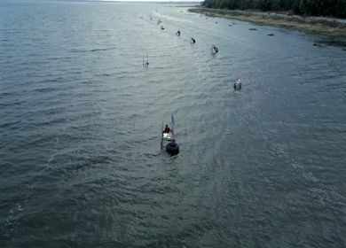 Aerial View of Fishermen Fishing in the Narmada River Near Jabalpur, India