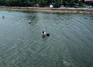 Aerial View of Fishermen Fishing in the Narmada River Near Jabalpur, India