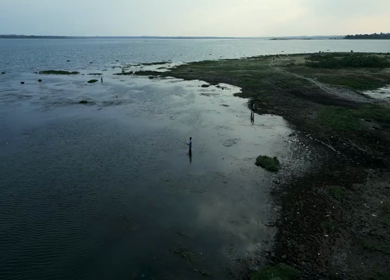 Aerial View of Fishermen Fishing in the Narmada River Near Jabalpur, India