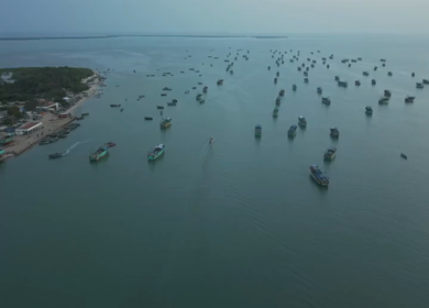 Aerial View of Fishing Boats Near Pamban Coast in Rameswaram Tamil Nadu India